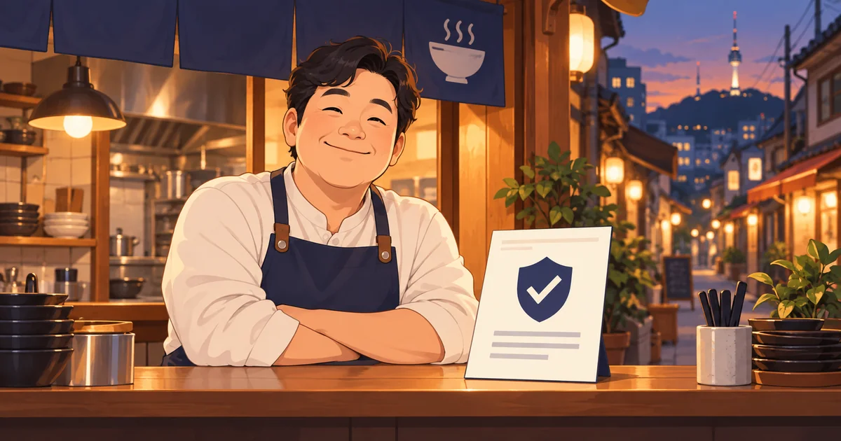 서울 골목상권 특별보증을 상징하는 보증 서류와 골목 식당 소상공인 일러스트