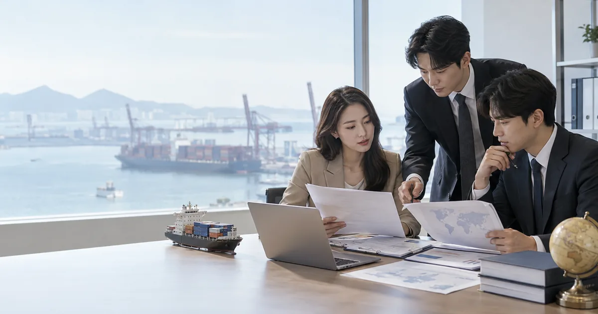 수출 중소기업 직원들이 항만이 보이는 사무실에서 보험과 선적 서류를 검토하는 장면
