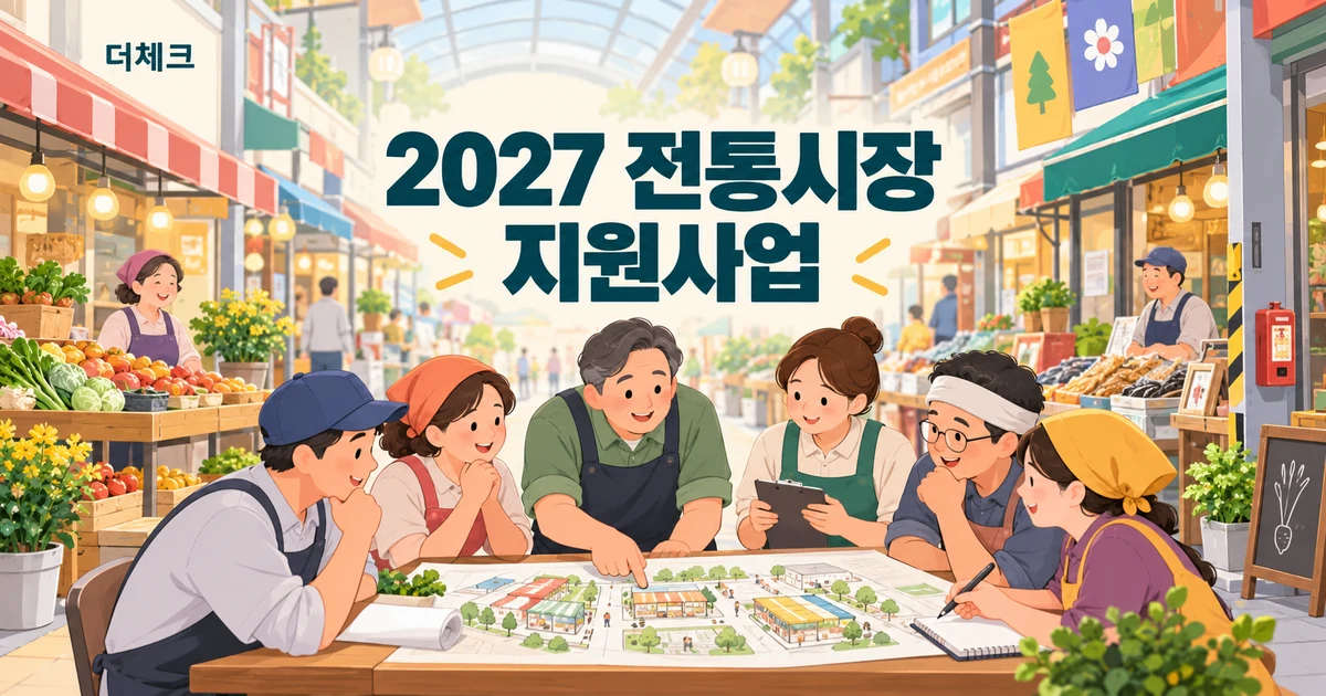 2027 전통시장 지원사업을 위해 상인들이 시장 공동 개선 계획을 논의하는 일러스트