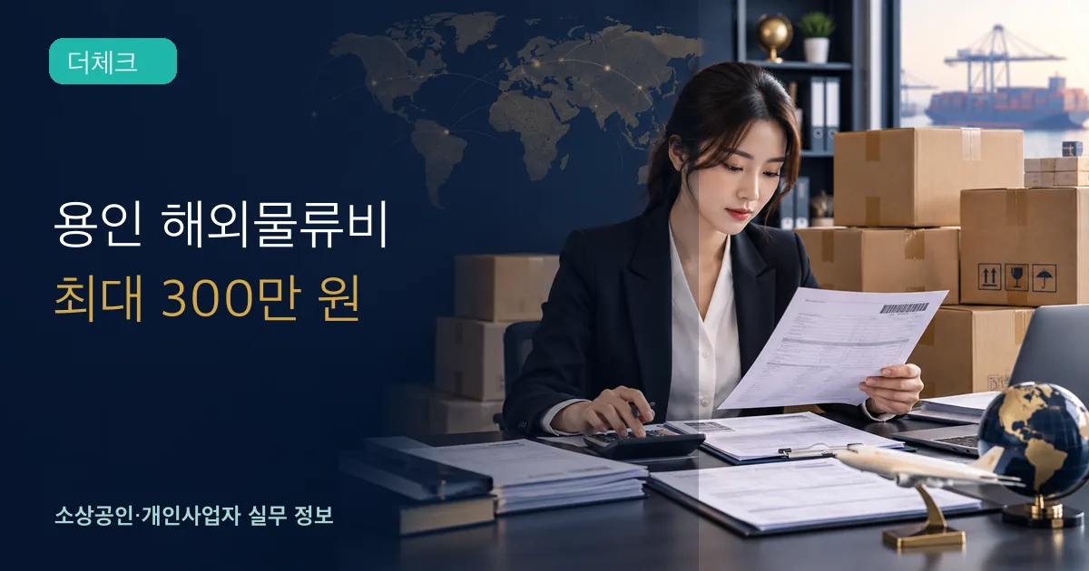 수출 담당자가 국제배송 상자와 수출서류, 운송비 계산기를 확인하는 장면