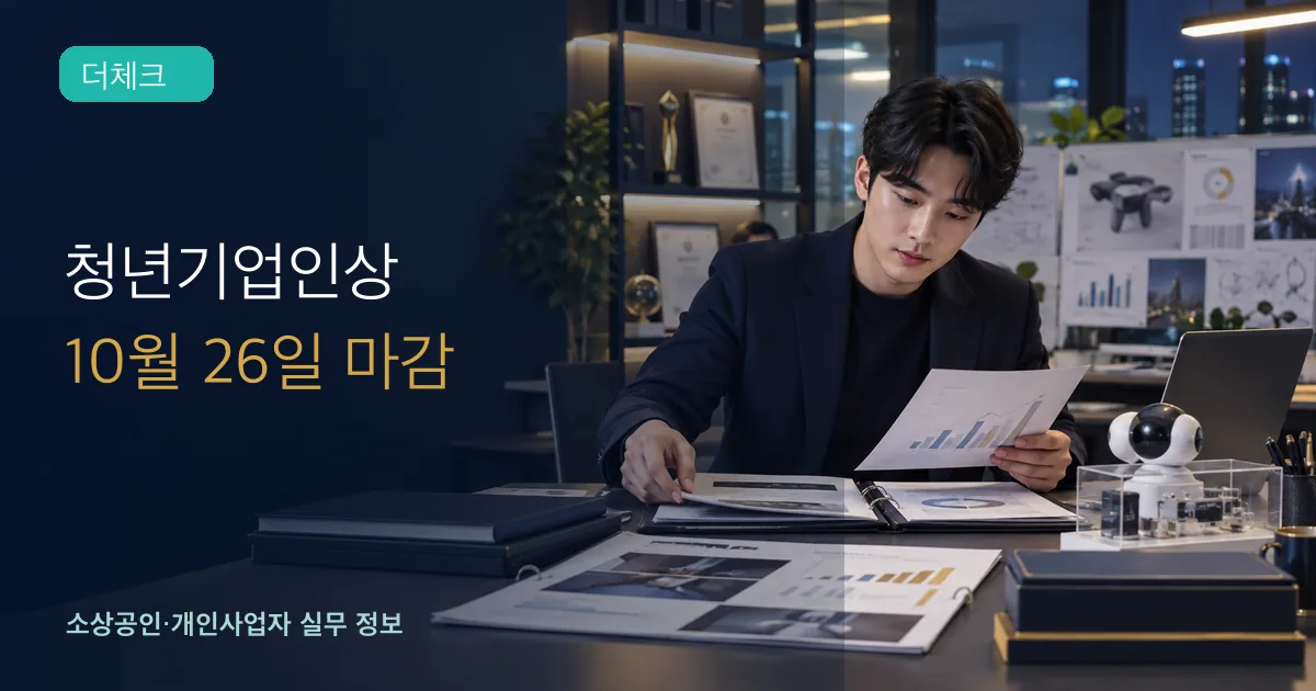 청년 ICT 창업가가 기술성과와 사업실적 증빙을 포상 신청서에 정리하는 장면