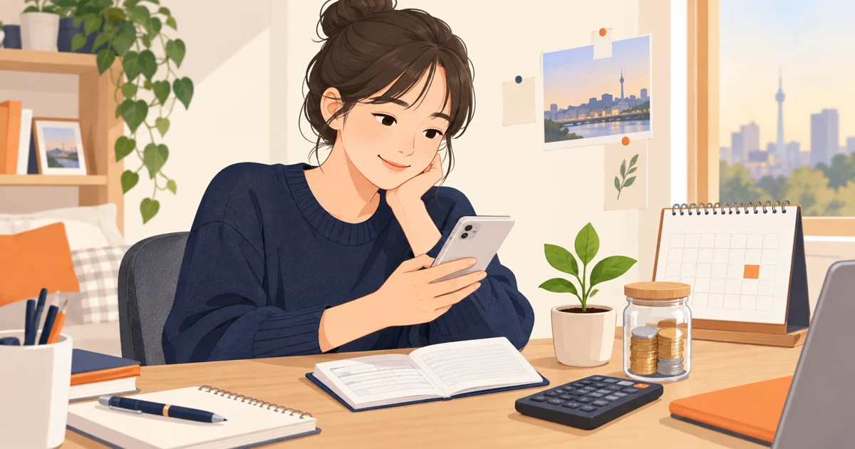 청년미래적금 2차 신청을 위해 휴대전화와 저축 계획을 확인하는 청년